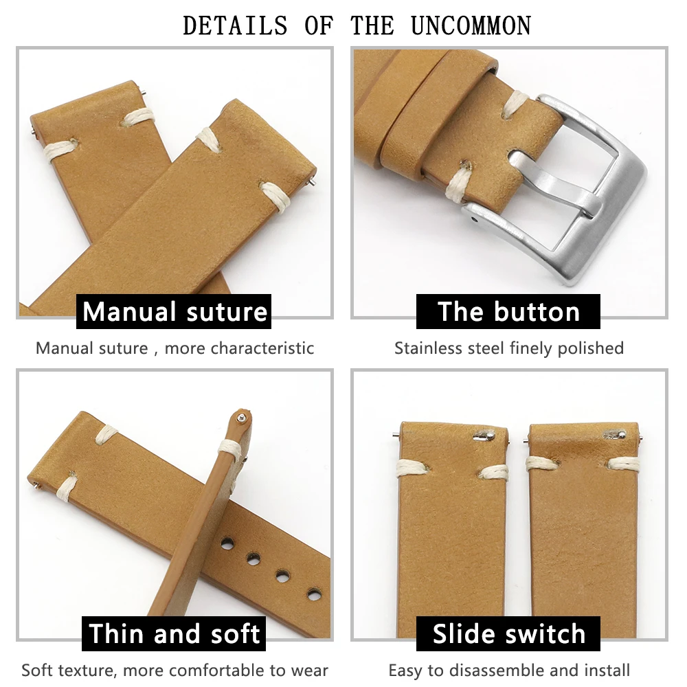 High Quality Genuine Leather Watch Strap Band 18mm 19mm 21mm 26mm Retro Handmade Stitching Wristband Replacement Watch Strap