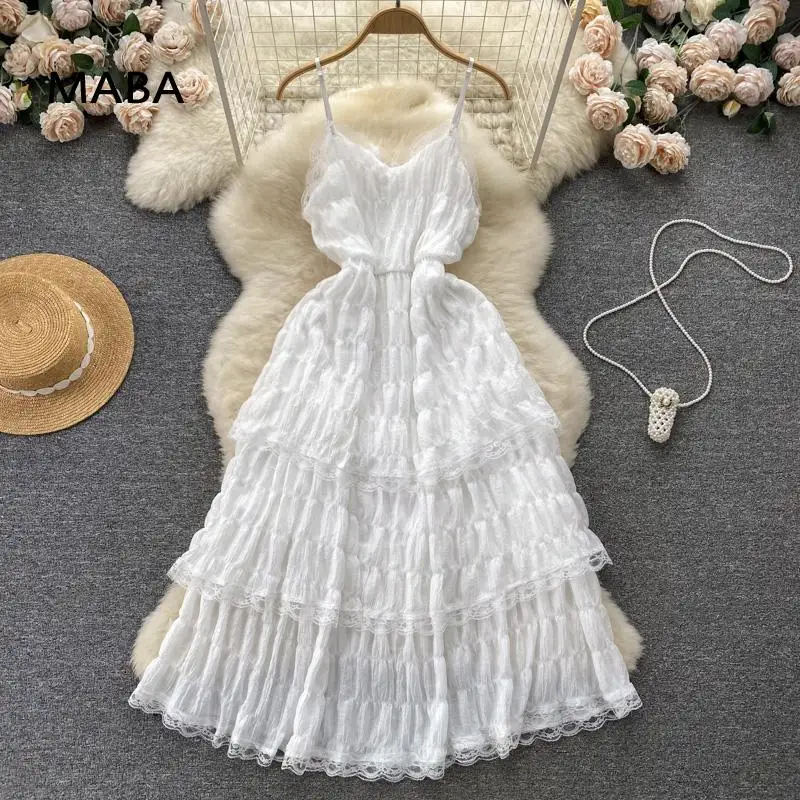 

Летнее женское белое кружевное лоскутное платье-трапеция на бретелях-спагетти, привлекательное длинное однотонное платье с V-образным вырезом без рукавов и поясом на резинке