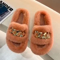 indoor women fur slippers fluffy soft furry slides thick flats heel non slip house shoes ladies luxury chain design footwear