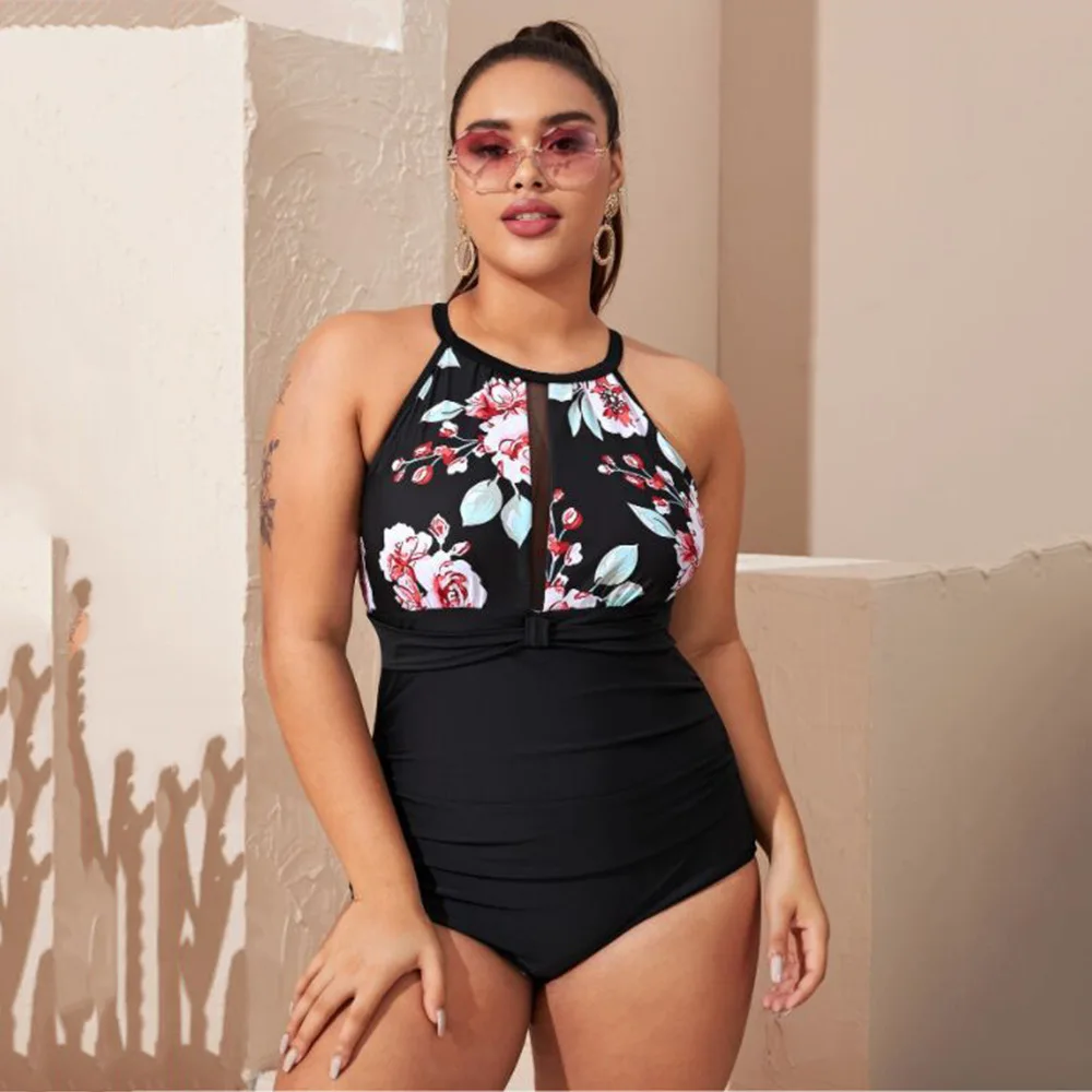 

Giolshon 2022 Summer Women One Piece Swimsuit Halter High Waist Sexy Black Swimsuit Plus Size