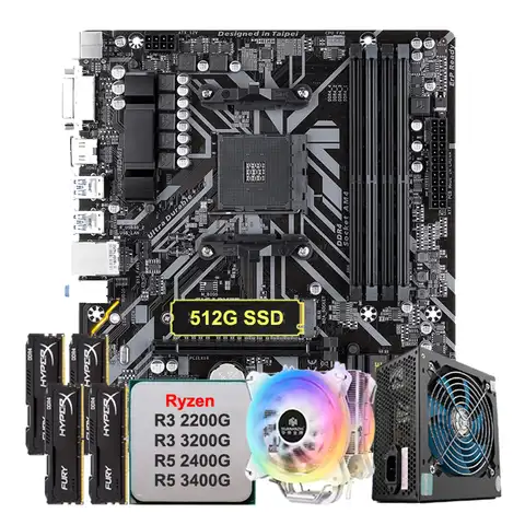 Комплект материнской платы B450 AM4, процессор Ryzen 3 3200G RYZEN 5 3400G, кулер ЦП 512G M.2 NVMe SSD RAM 4*8G 32G DDR4 3200, память 600 Вт, блок питания