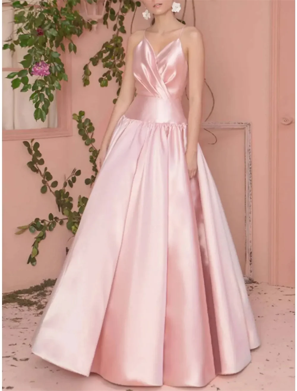 

A-Line Prom Celebrity Dresses Style Wedding Guest Floor Length Sleeveless V Neck Satin with Pleats Formal Evening
