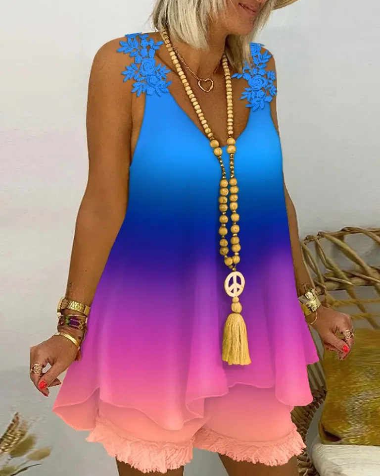 

2022 Womens Outfits Above Knee Shorts Set Piece Sets Casual Chic Summer Contrast Lace Sleeveless Tank Top and;