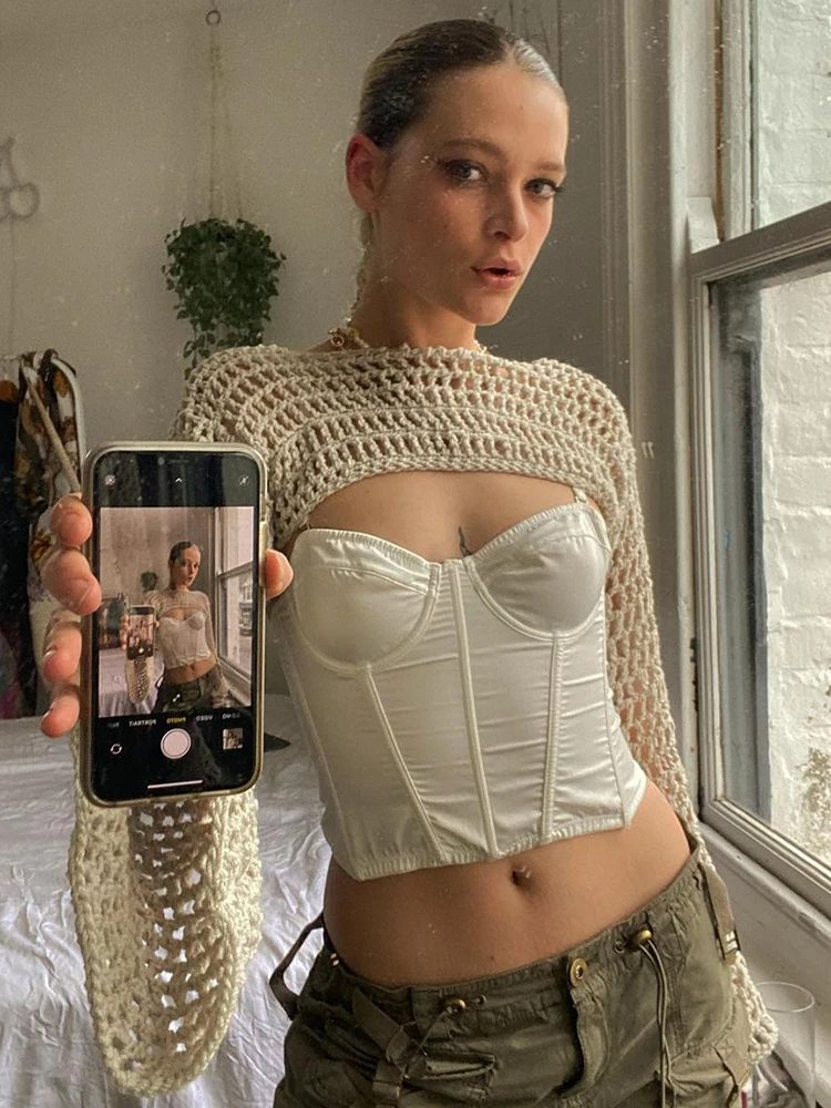 

Y2K Hollow Out Cropped Knit Smock Tops Women Vintage Summer Sun-Protection Super Short Pullovers Chic Fairycore Crop Tee