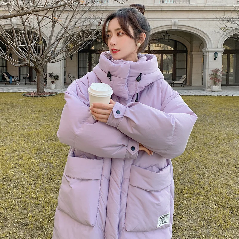 Korean version of down jacket women's long 2022 new loose large pocket hooded winter thick purple women's coat