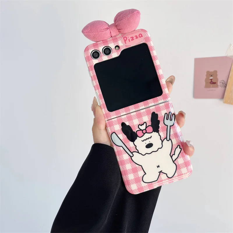 

Checkered Bow Knot Knife Fork Dog Phone Case for Samsung Galaxy ZFlip 5 4 3 Protective Back Cover for ZFlip3 ZFlip4 ZFlip5 Shell