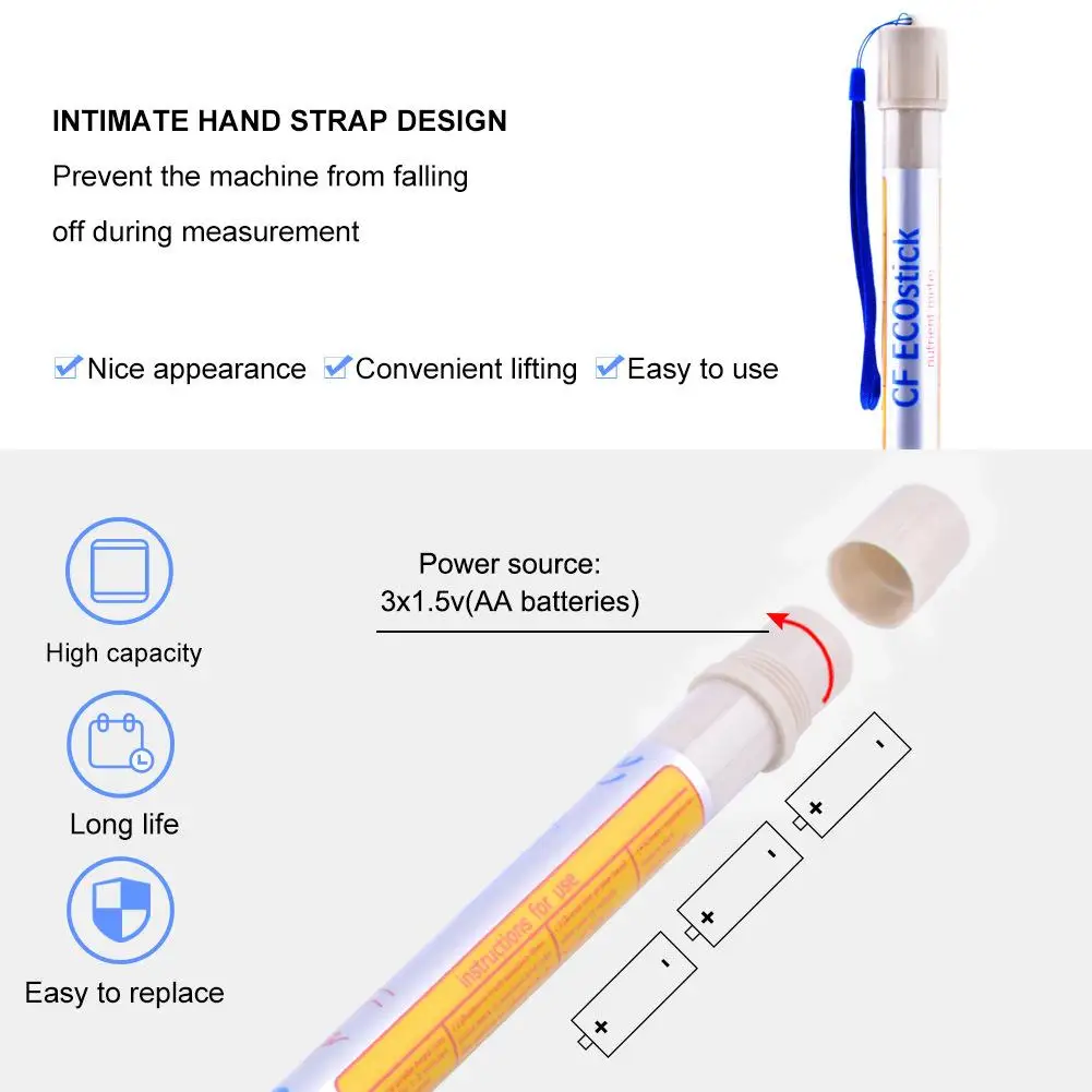 

Nutrient Meter Nutrition Wand 3 X 1.5 V AA Batteries CF: 4 ~ 52CF EC: 0.4 ~ 5.2EC Factory Pre-calibrated Brand New
