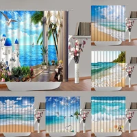 ocean animal beach seagull dolphin palm tree scenery shower curtain bath screen fabric starfish sea waves bathroom curtains home