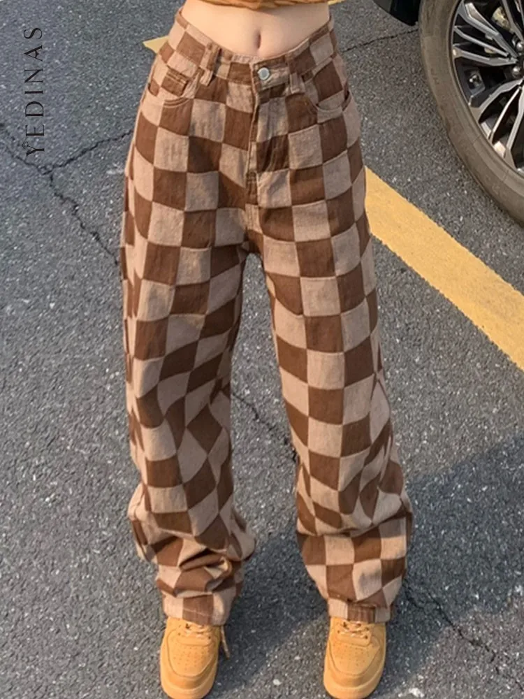 

Yedinas Streetwear Brown Plaid Boyfriend Jeans For Women Bottom Korean Fashion High Waist Denim Straight Jeans Feminino Retro