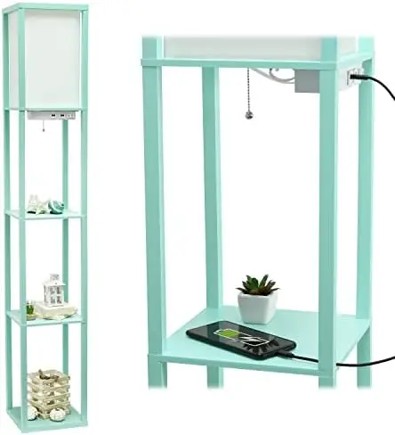 

Floor Lamp Etagere Organizer Storage Shelf with 2 USB Charging Ports, 1 Charging Outlet and Linen Shade, Aqua