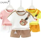 Комплект для младенцев, летняя одежда для маленьких мальчиков, модный спортивный костюм, детская футболка-портфель с животным принтом + шорты, детский костюм из 2 предметов, одежда для девочек 0-5 лет