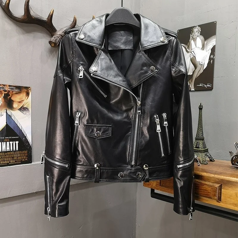 

Куртка женская короткая из овечьей кожи, мотоциклетная верхняя одежда на молнии, жакет из натуральной кожи в стиле панк, рок, для сцены, Coats2023