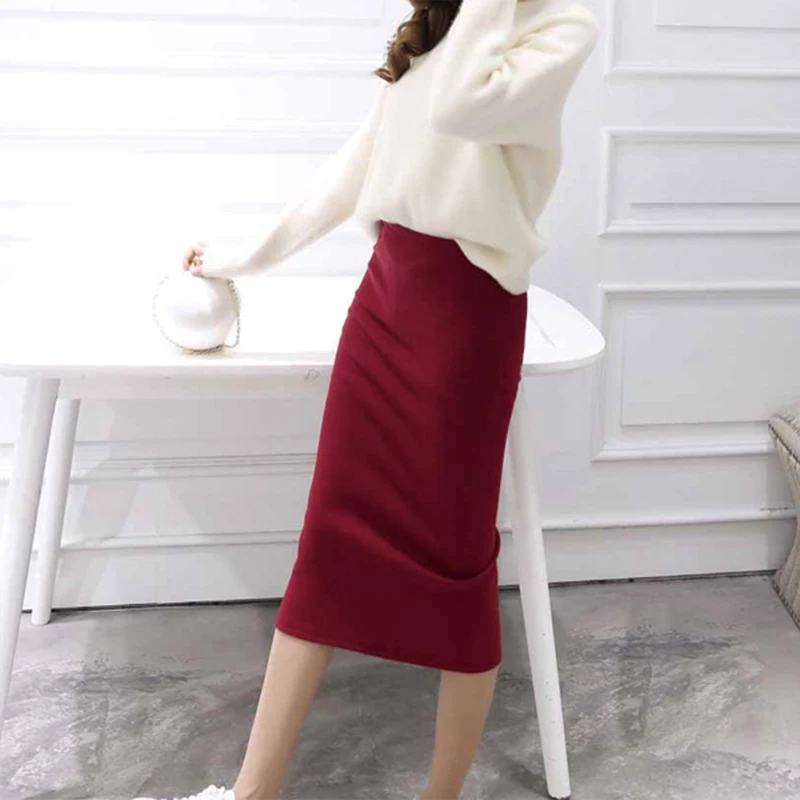 

2020 Women Skirt Autumn Winter Elastic High Waist Casual Midi Skirt A Line Solid Color Elegant Slim Fit After the Split Ski