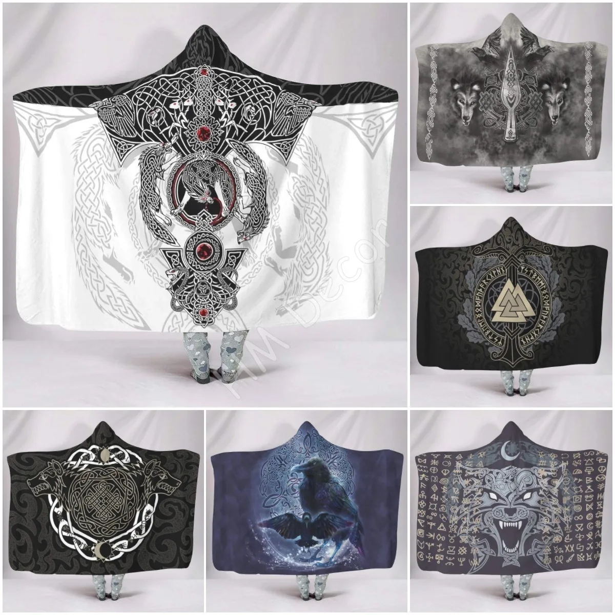 

Vikings Tattoo Odins Ravens Muninn Crow Wearable Throw Blanket with Hooded for Children Adults Soft Cozy Blanket for All Season