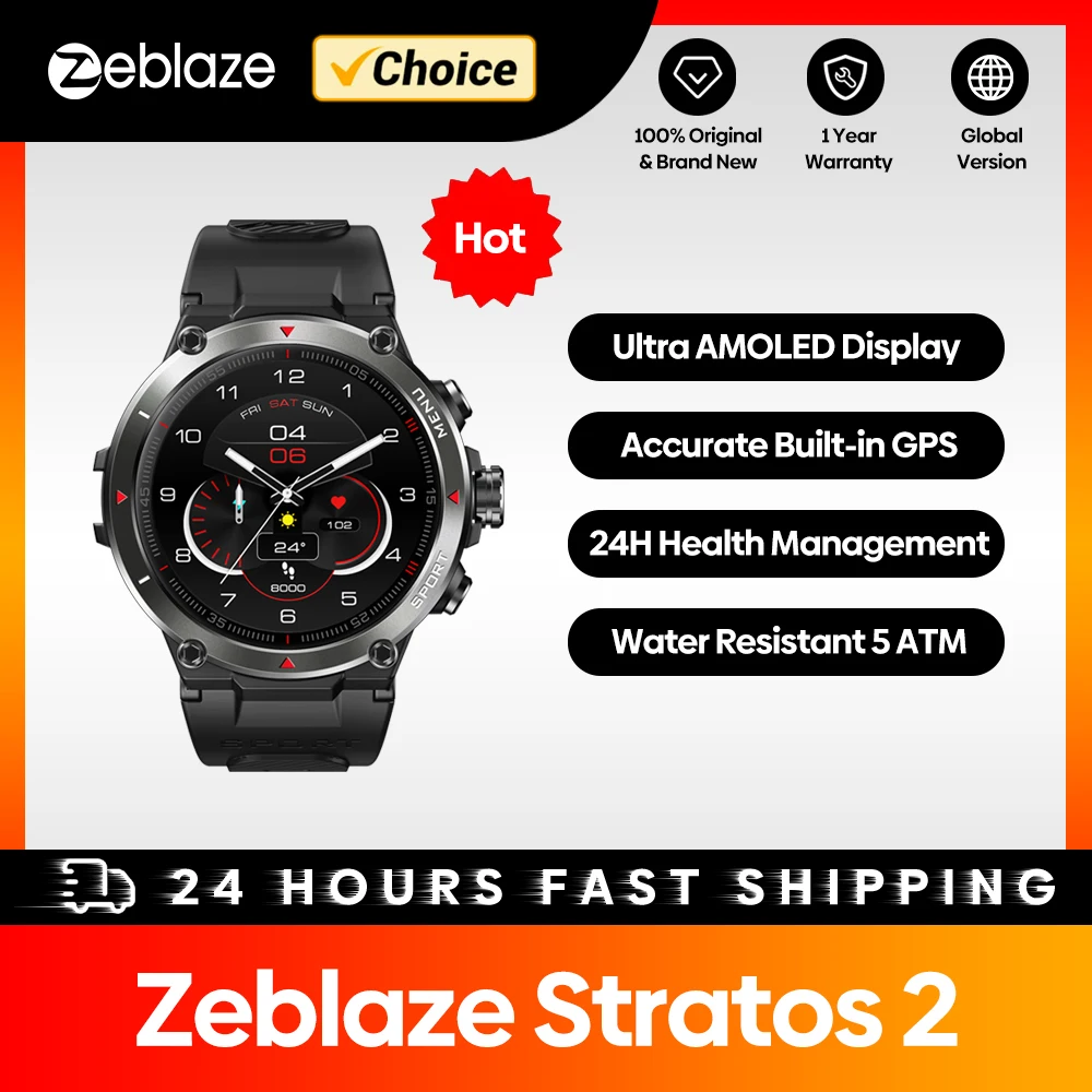 Смарт-часы ZK50 Zeblaze Stratos 2 с GPS, AMOLED-дисплеем, 24 часа мониторинга здоровья, 5 АТМ, длительный срок службы батареи, Смарт-часы для мужчин