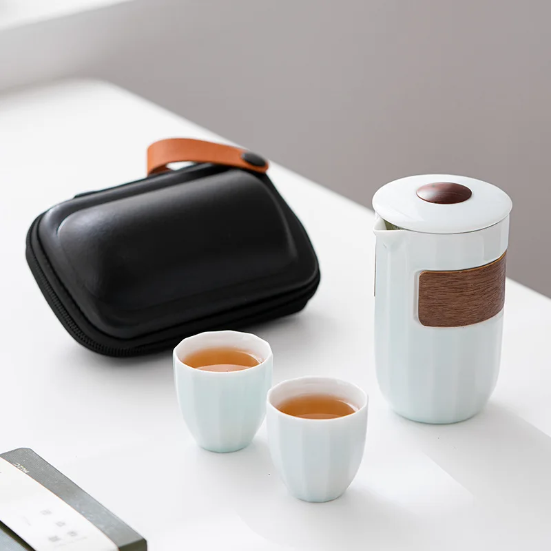 

Travel tea set quick tea set one pot to make up three cups of matt black ceramic car portable storage small bag travel outdoor t