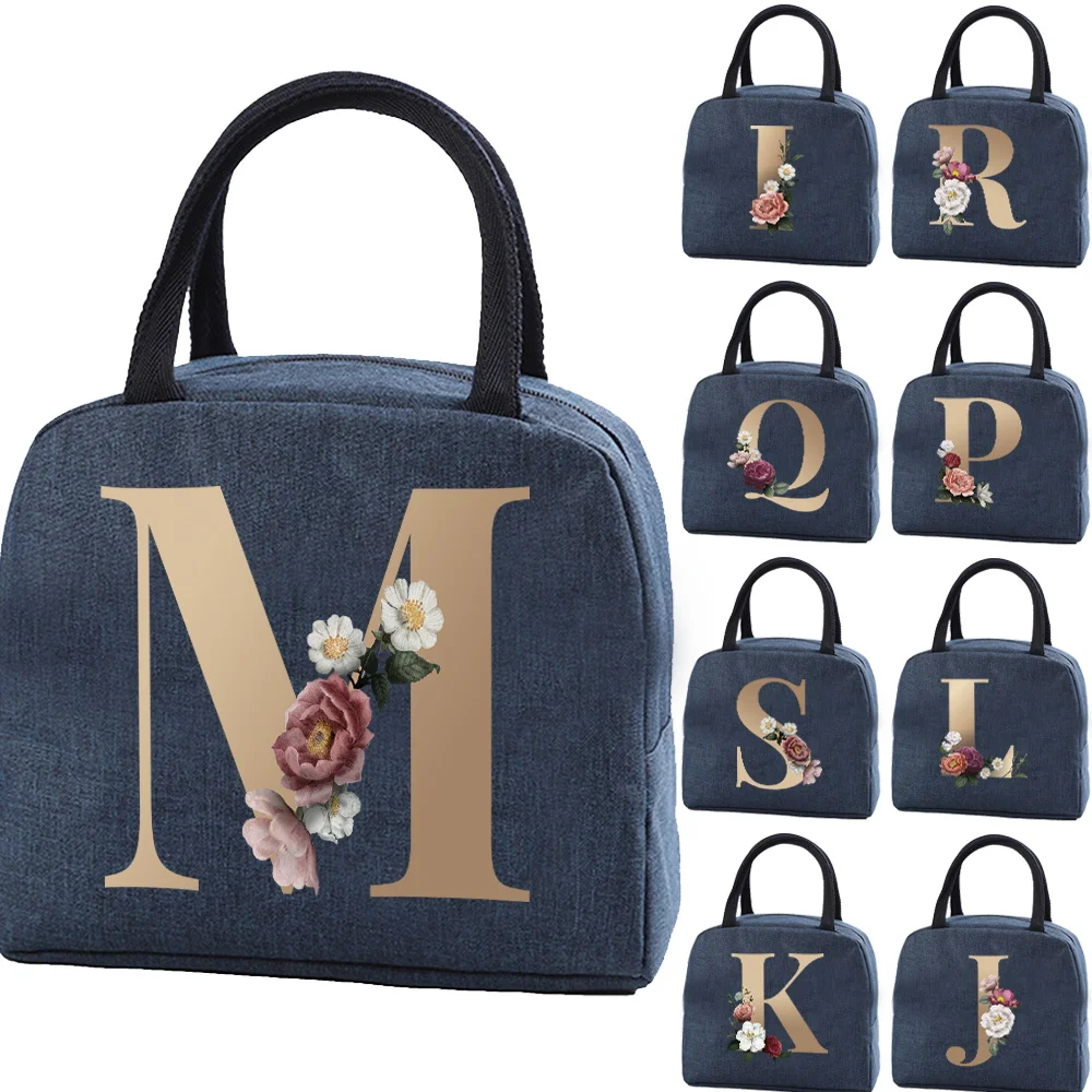 

Child Lunch Bag Insulated Box Cooler Tote Unisex Organizer Lunchbox Food Picnic Thermal Bags Gold Initials Print Women Handbag