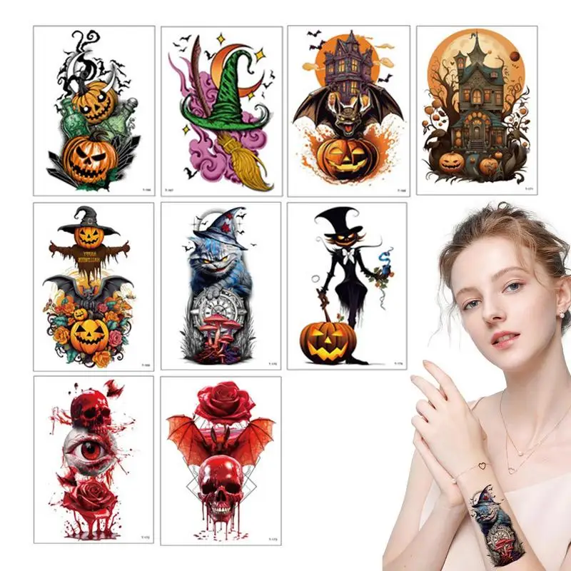 

Halloween Pumpkin Skull Tattooss Sticker 9 Sheets Realistic Skull Pumpkin Ghost Fake Body Art Arm Tattooss 15*21cm Fake Body Art