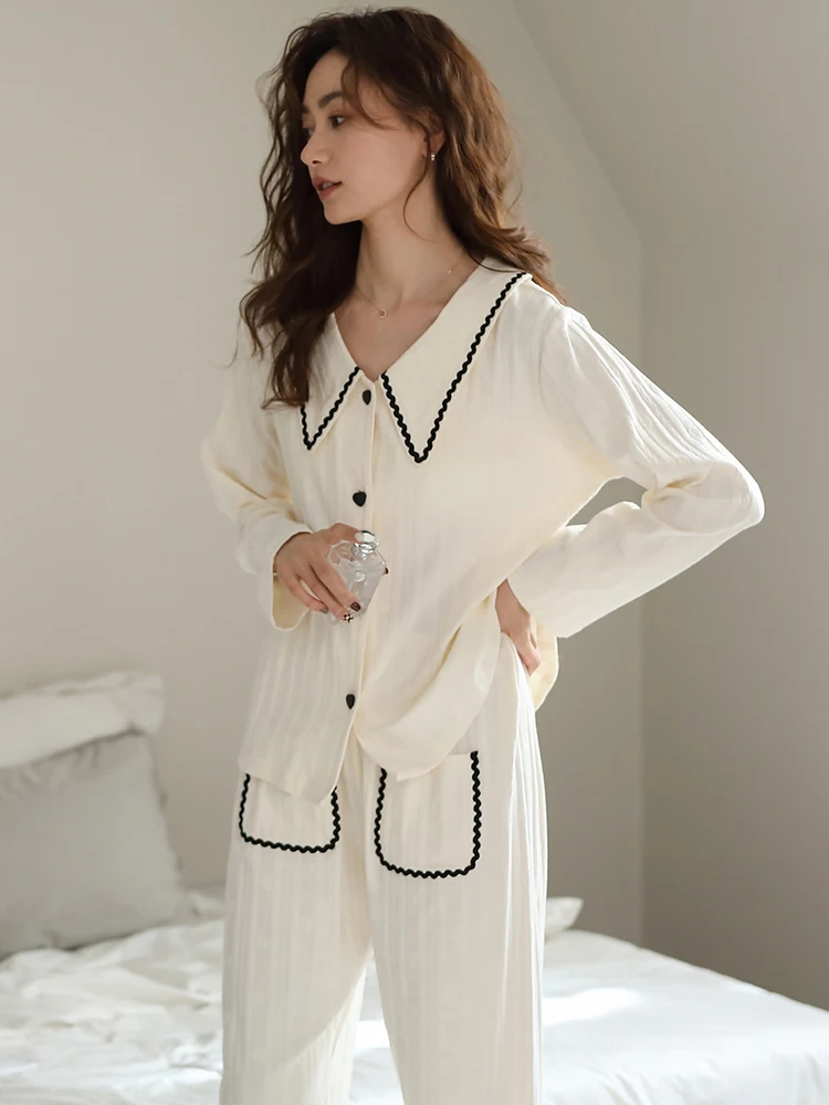 New Spring 100% Cotton Women Pajams Set White Sleepwear Lace Design Home Clothes Pijama Femme Hombre Pyjama Nightgown For Ladies