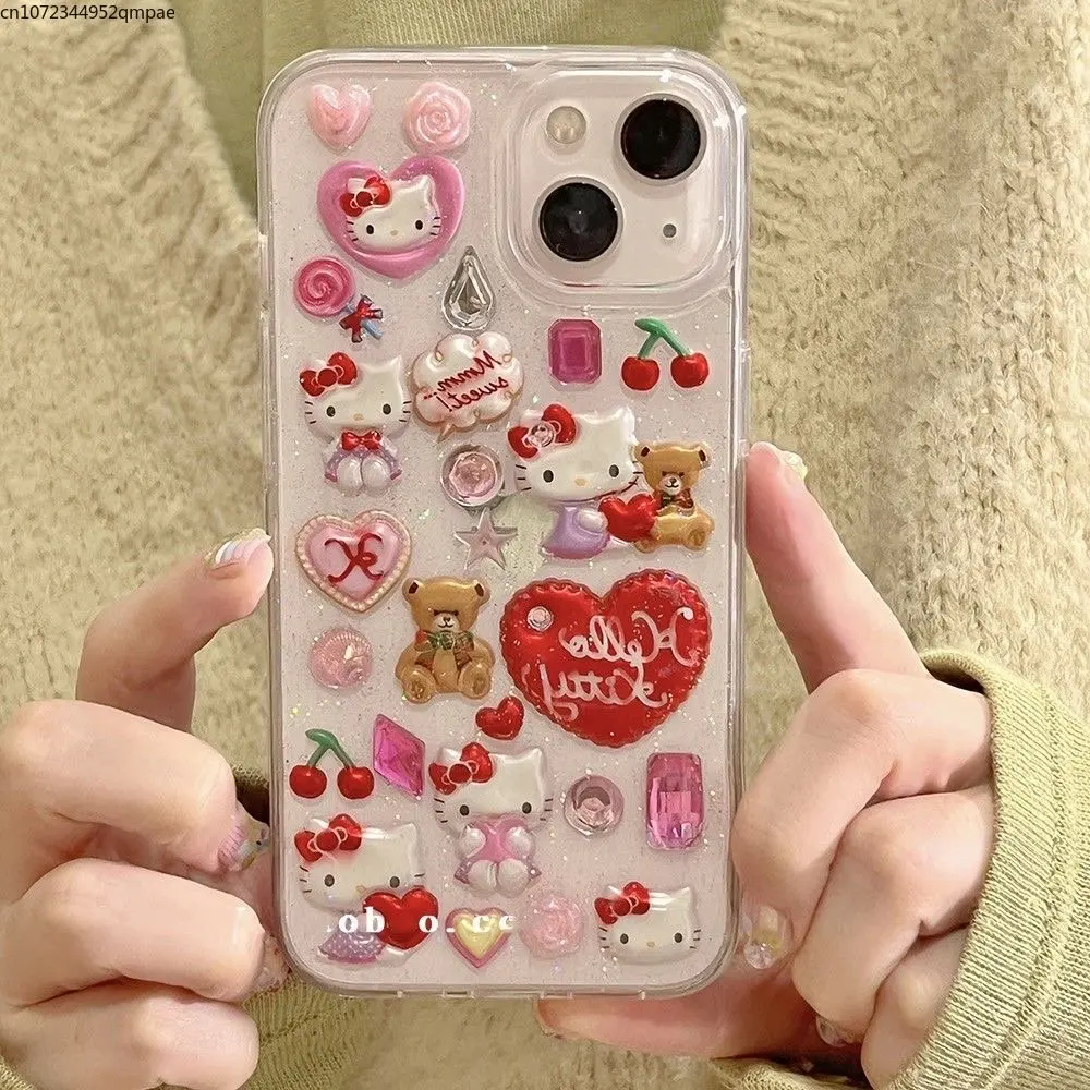3D Sanrio Hello Kitty Sticker Glitter Phone Case for IPhone 11 12 13 14 Pro Max 14 Pro Y2k Girl Anti-drop Soft Back Cover Gift