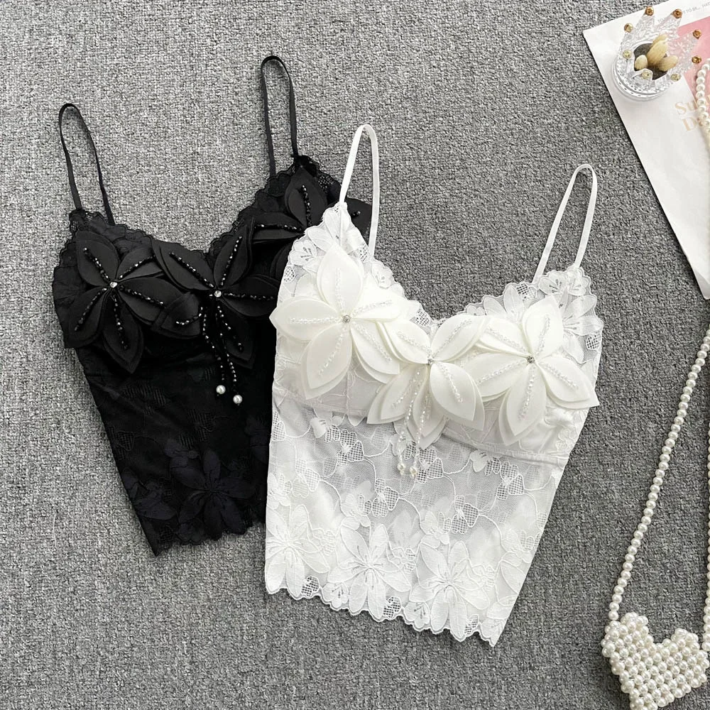 

2023 Women Spaghetti Straps Tanks and Camis Urban Flowers Corset Bustier Crop Top Slim Lace Camisole Summer Clothes Dropshipping