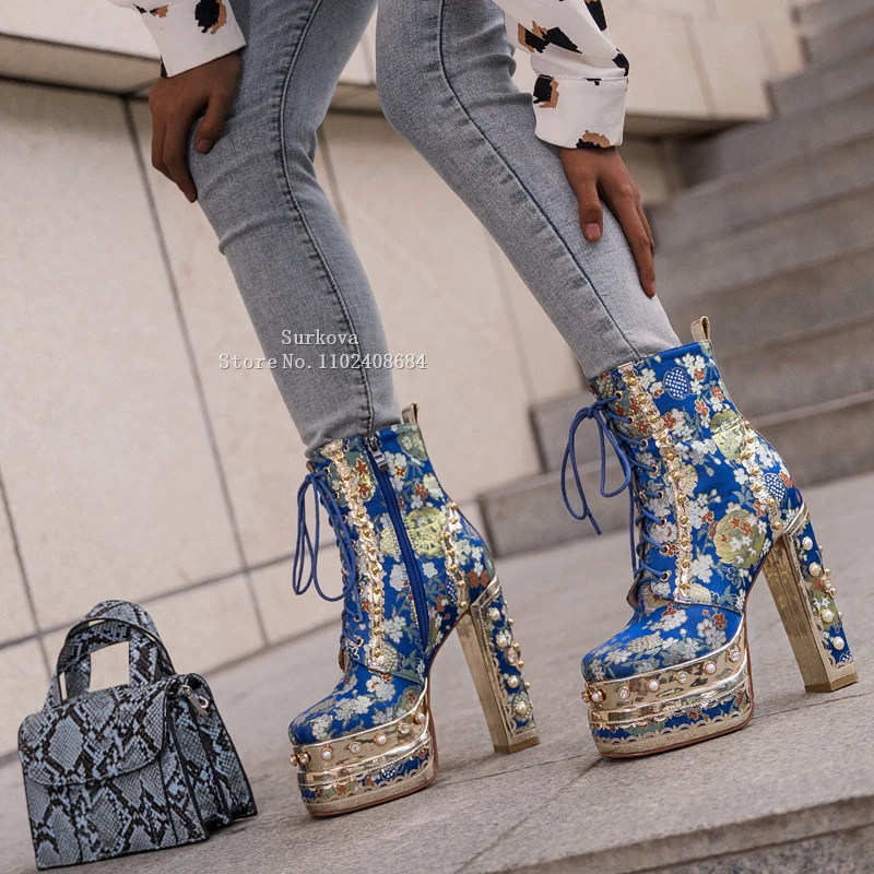 Women's Luxury Floral Platform Ankle Boots Pearl Studded Crystal Chunky Heels Mixed Colors Shoes Embroidered Lace Up Royal Boots