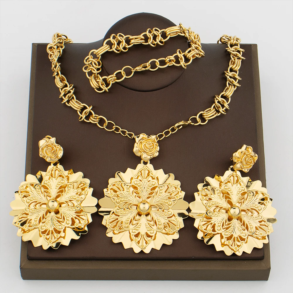 

African Jewelry Se for Women 18k Golden Flower Design Chain Necklace and Earrings 2Pcs Set for Weddings Bridal Dubai Party Gifts