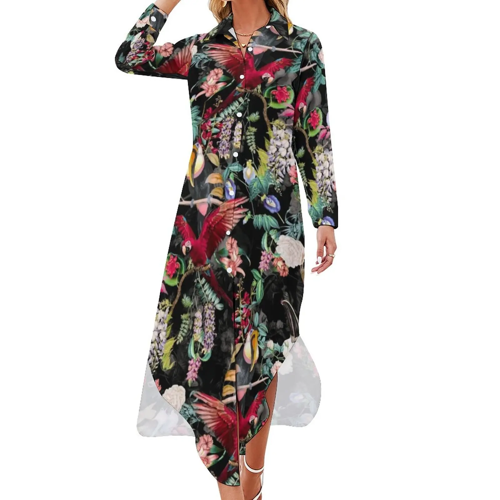

Red Parrot Chiffon Dress Tropical Floral Print Beach Dresses Stylish Casual Dress Womens Sexy Graphic Vestidos Big Size 4XL 5XL