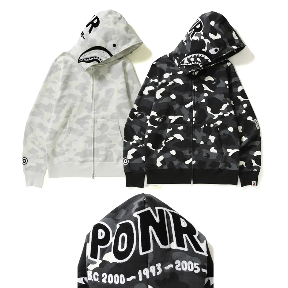 

Bape Shark Hoodie Camo New Quality Luminous Sweatshirts Full Zip Up Jacket Streetwear Clothing Men Women Cardigan Coats White