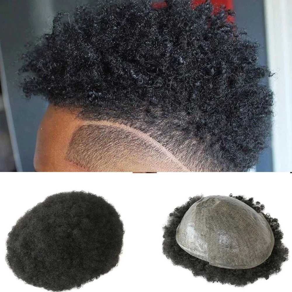 

Men Toupee #1B Off Black 6MM 10MM Afro Kinky Curly Thin Skin PU Men's Wig Durable Natural Human Hair Replacement System Male Wig