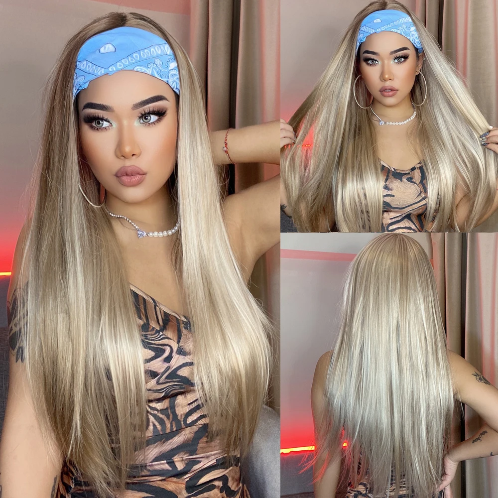 ALAN EATON Long Blonde Synthetic Headband Wig Ombre Blonde Straight Hair Wigs Natural Looking Heat Resistant Fiber for Daily Use images - 6