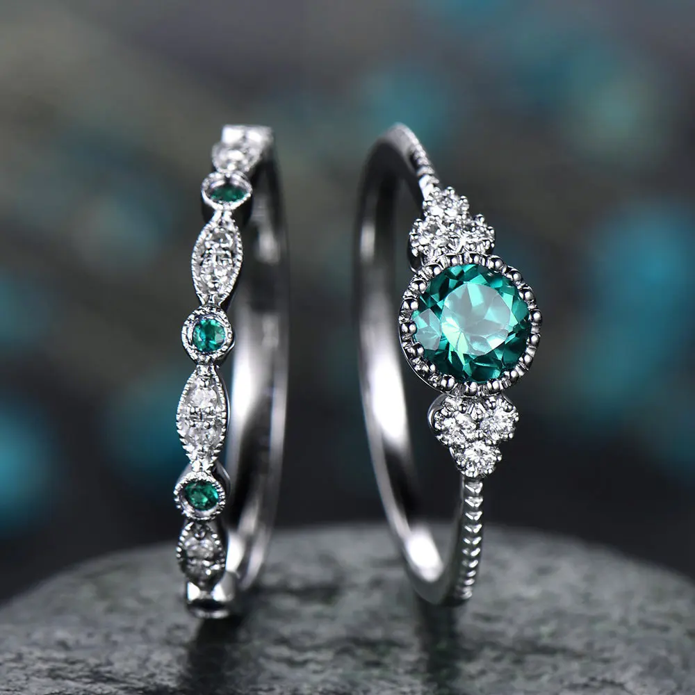 

Vintage Blue Green Color Halo 925 Sterling Silver Wedding Ring Set For Women Lady Anniversary Gift Jewelry Bulk Sell R5721