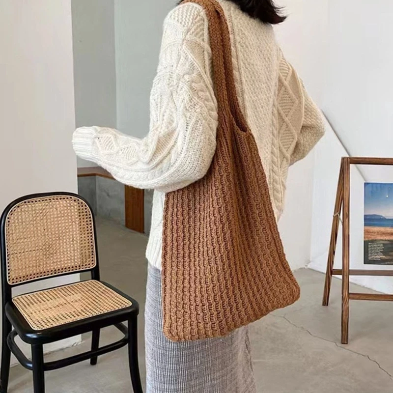 

Retro Large Capacity Knitted Bag Stray Bag Tote Bag Solid Color Handbag Shoulder Bag for Going Out Vacation