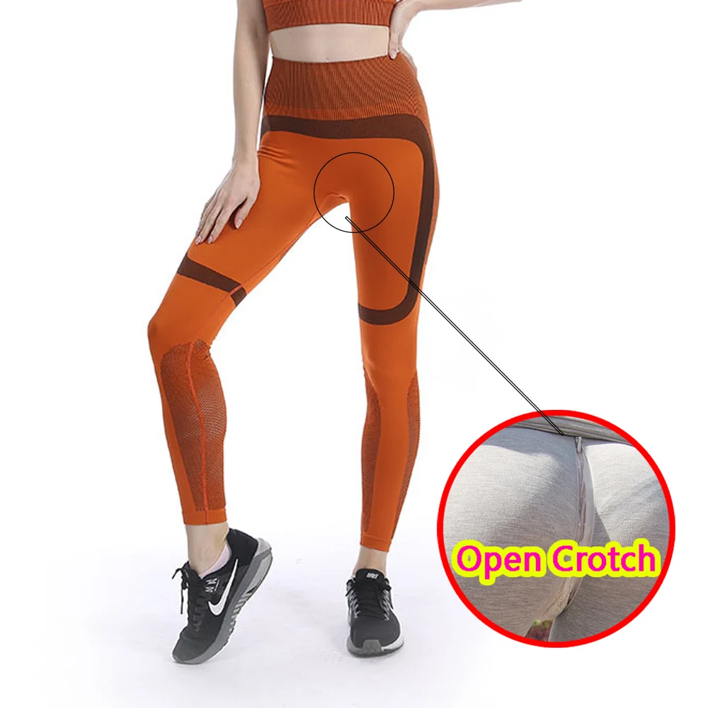 Woman Sexy Open Crotch Yoga Leggings Top Tank Fitness Sets See Through Hot Crotchless Pants Couple Outdoor Sex Panties Adult