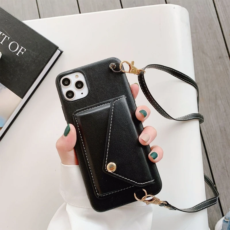 

Pocket Wallet Case Card Holder with Crossbody Neck Strap Lanyard PU Leather Flip Cover