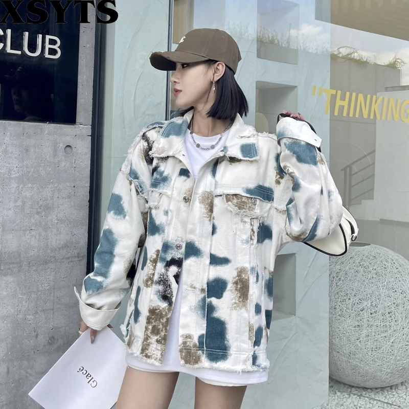 

High Street Tie-dye Denim Jacket 2022 Autumn New Design Retro stitching Jean Women Jackets Fashion Female Coats Ladies Clothes