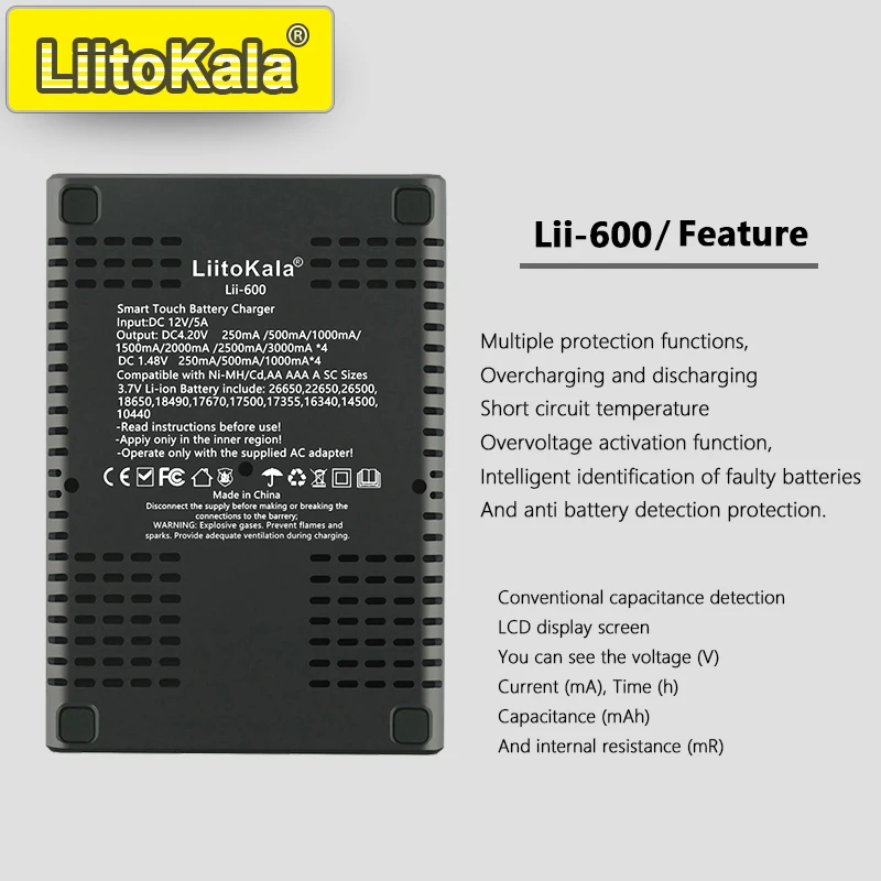 Фото Умное зарядное устройство LiitoKala Lii-600 для 18650/21700/26650/AA/AAA/Ni-MH/Li-ion, ЖК-дисплей, быстрая зарядка, 4-слотовый независимый №2