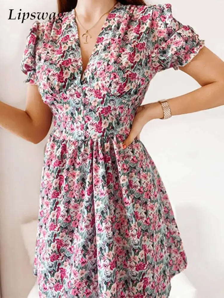 

2022 New Chic Floral Print Puff Short Sleeve Dress Summer Women V-neck Micro Pleats Dress Ladies A-line Mini Dress Women Clothes