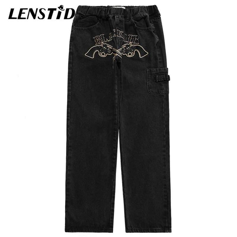 Джинсы LENSTID мужские с вышивкой черные брюки из денима Джоггеры в стиле хип-хоп