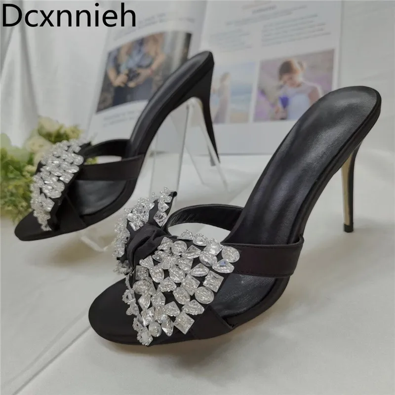 

Summer New Crystal Bowknot Decor Women Slippers Diamond Studded Round Toe Thin High Heel Banquet Sexy Party Slippers Woman 2023