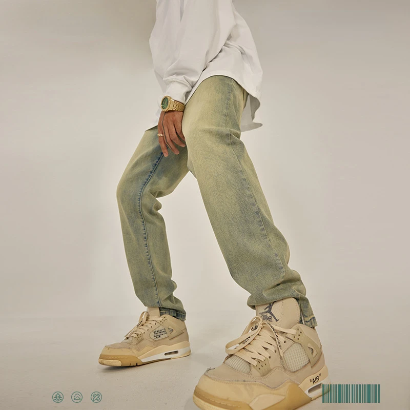 2022 Autumn and Winter Yellow Mud Color Slit Men's Jeans Y2K High Elastic Hip Hop Thin Pants Men's American Fashion Streetwear