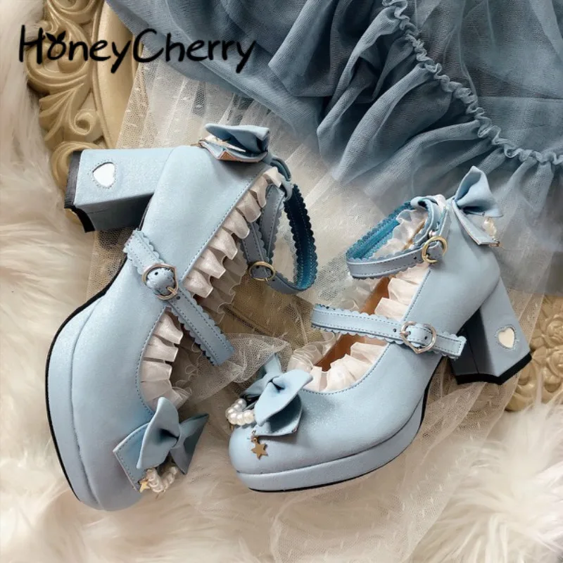 

Lolita Shoes Women High Heels Pearl Lace Edge Straps Bow Cute Girls Princess Tea Party Shoes Students Lovely Shoes Size 35-40