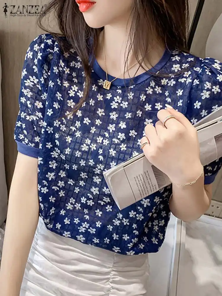 Женская летняя блузка с коротким рукавом и цветочным принтом