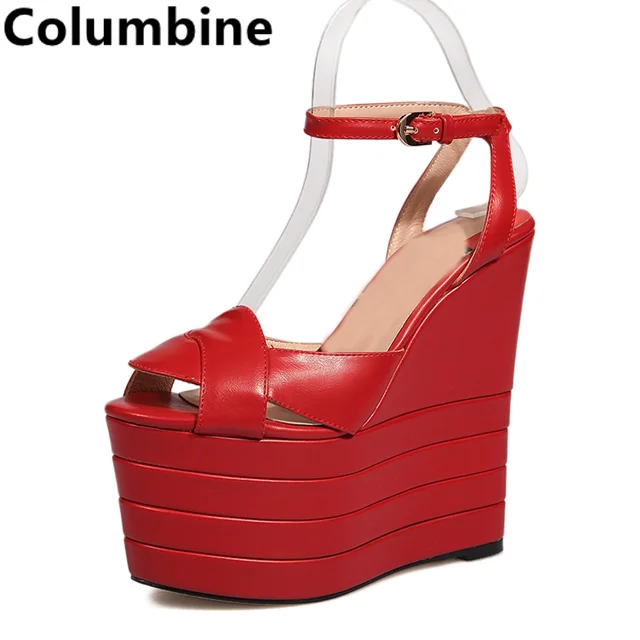 Women Red White Stripe Heightened Platform Sandals Leather High Wedge Open Fashion Heels Mixed Colors Peep Toe Modern New Shoes
