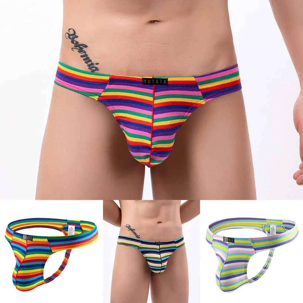 

Men Sexy U Convex Pouch Lingerie Underpants Rainbow Stripe G-String Bikini Breathable Briefs Enhance T-Back Panties Underwear