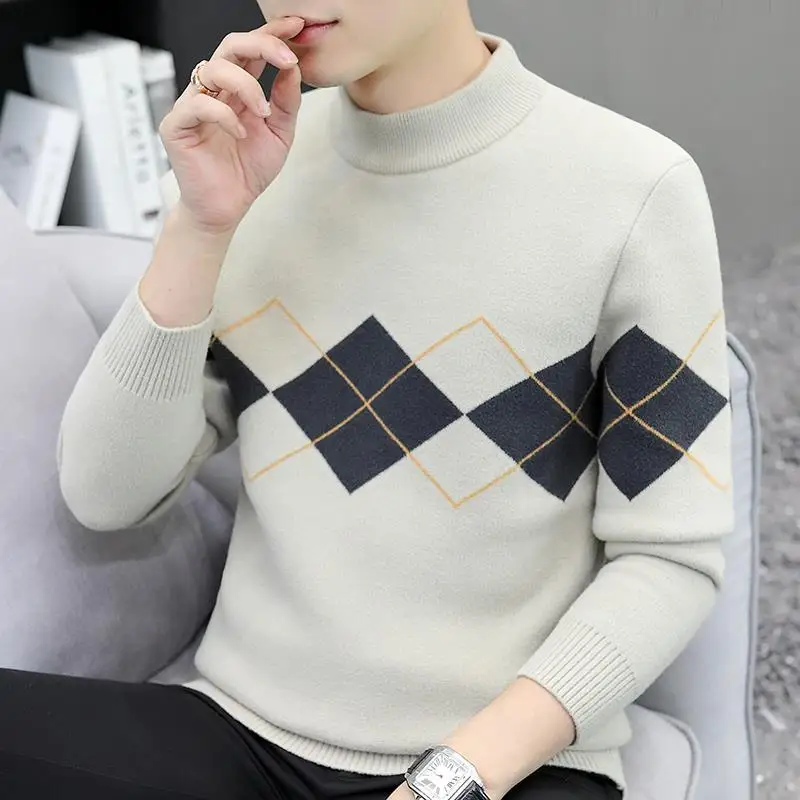 2023 Spring And Autumn Half High Collar Diamond Printed Sweater Men's Korean Style Warm Knitted Base Shirt