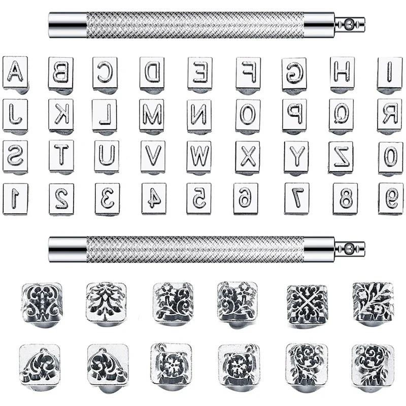 

50 Pieces Letters and Numbers Stamp Set 6Mm Alphabet Leather Punch Stamps Metal Floral Pattern Stamp Tools with Handle