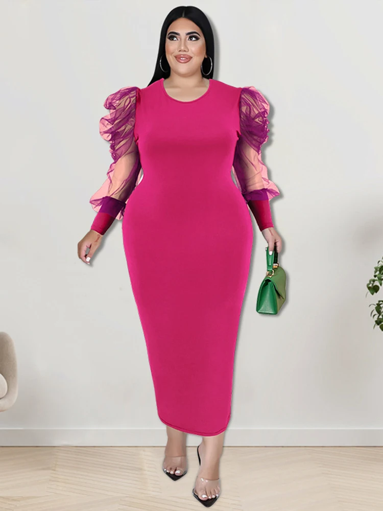 Dresses In Offers with Free Shipping Mesh Sleeves Elegant Women Dresses Party Plus Size Plain Midi Dress Wholesale Dropshipping