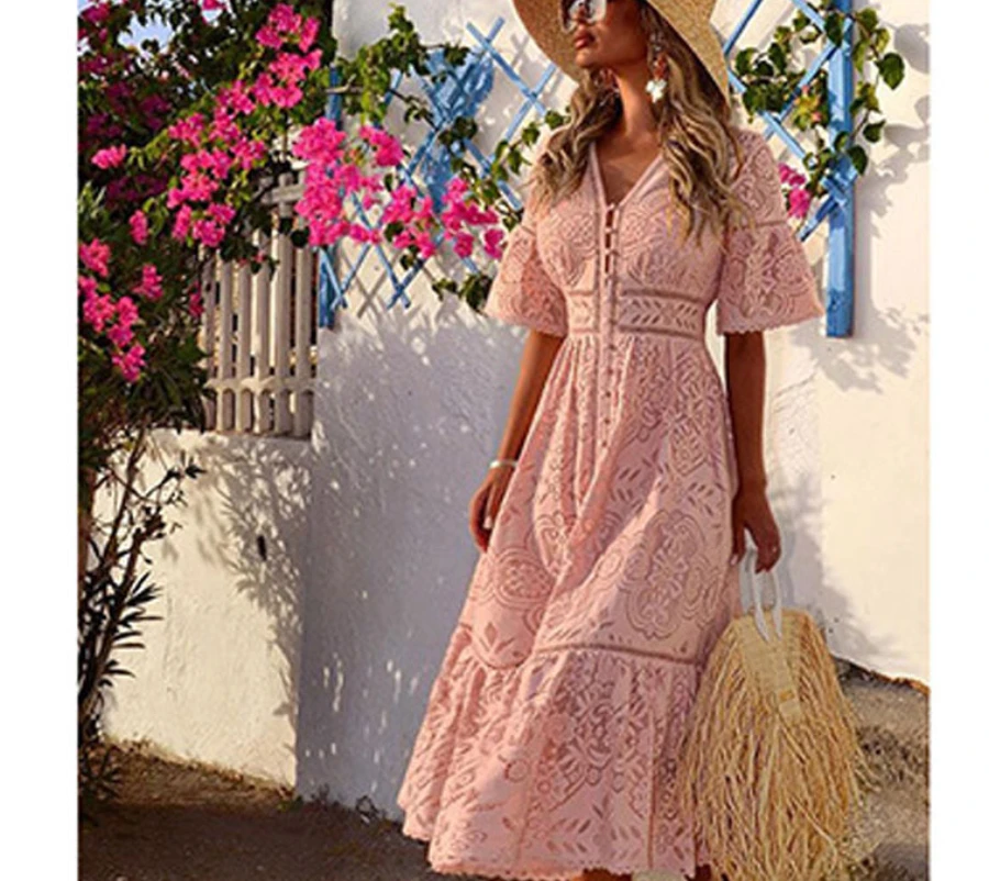 

Women's Tenperament Dress 2022 Summer New Fashion Sexy Lace V-neck Slim Dress