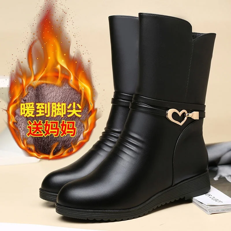 

Winter Women Mid Calf Boots Casual Pure Color Round Toe Zipper Plush Warm Female Shoes Vintage Snow Boots Botas Mujer Plus Size